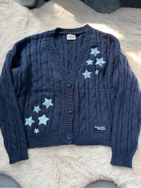 Taylor Swift Navy Cable Knit Cardigan with Light Blue Star Patches